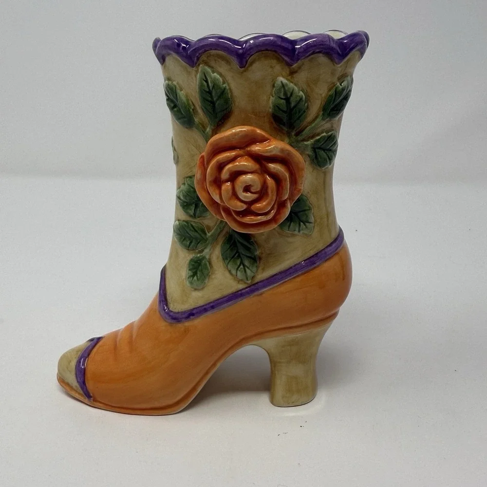 Orange & Lavendar Floral Laced Victorian Boot Vase by Fitz & Floyd